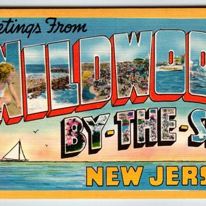 Greetings From Wildwood By The Sea New Jersey Linen Large Letter Postcard Boat Unique Gift image 1