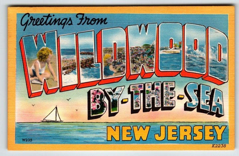 Greetings From Wildwood By The Sea New Jersey Linen Large Letter Postcard Boat Unique Gift image 1