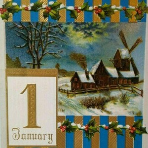 Carte postale du Nouvel An avec vue sur la campagne et le moulin à vent rayures vintage United Art Germany cadeau unique