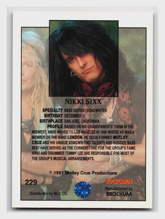 Nikki Sixx 1991 Rockcards Motley Crue 229 Brockum - Etsy