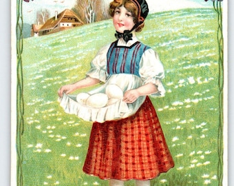 Easter Greetings Postcard Country Women Basket Of Eggs Flowers Embossed Germany