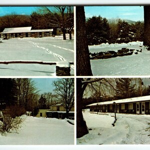 May include: Vintage postcard featuring four winter scenes. Snow covers the ground around buildings and trees. The sky is blue. One scene shows a motel, another a snow-covered field with tracks, and two others show trees and buildings.