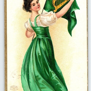 Carte postale de la Saint-Patrick Les femmes irlandaises sont titulaires d'un drapeau Ellen Clapsaddle Erin Go Bragh 1909