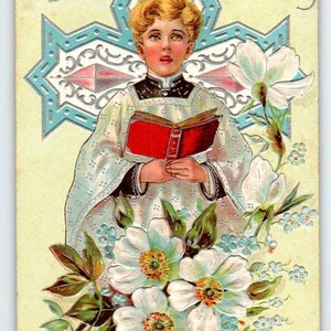 Easter Postcard Choir Boy Prays Holy Cross Religious 1910's Embossed Flowers