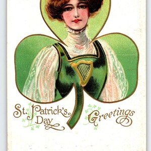 Carte postale de la Saint-Patrick, belle femme trèfle des années 1910, voeux en relief 741