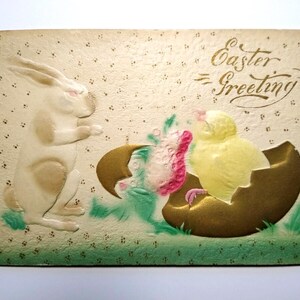 Carte postale de Pâques épaisse 3D en relief, lapin blanc, poussin, vintage, peinture à l'aérographe
