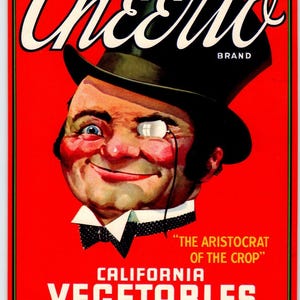 Cheerio California Vegetables Crate Label Monocle Man 1940s Vintage Original