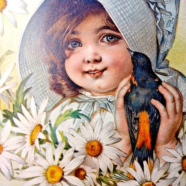 Victorian Art Print Daisy Girl Blackbird Lithograph 1907 Maud Humphrey Original Unique Gift
