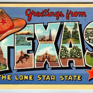 Salutations du Texas The Lone Star State Grande lettre carte postale en lin 1947 Chapeau Cadeau unique