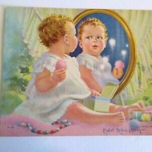 Vintage Baby By The Mirror Art Print Mabel Rollins Harris 1930s NOS Lithograph Christmas Gift Unique Gift image 5