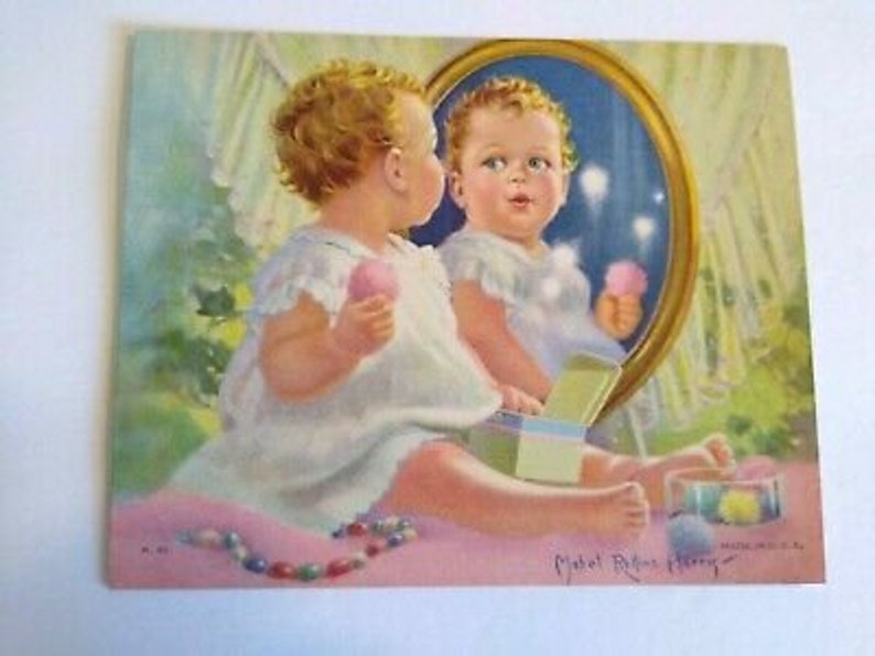 Vintage Baby By The Mirror Art Print Mabel Rollins Harris 1930s NOS Lithograph Christmas Gift Unique Gift image 5