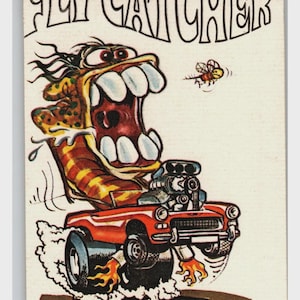May include: Vintage trading card with the title "FLY CATCHER" in bold, black letters. The illustration features a cartoonish monster with a wide-open mouth, a red hot rod, and a bee. The number 37 is in the lower left corner.