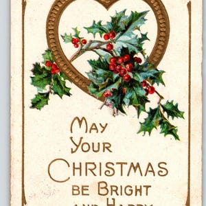 Carte postale joyeux Noël coeur or en relief feuilles de houx vintage 1910 BPC 207
