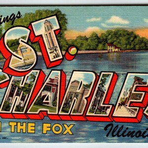 Carte postale en lin grande lettre Illinois Greetings From St Charles on the Fox inutilisée Cadeau unique