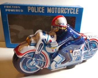 Vintage Friction Powered Police バイクブリキ Vintage Yoshiya Japan Tin Wind up Police Trike, Motorcycle, Bump