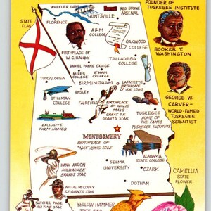 Postkarte Greetings From Alabama Map Chrome Gelb Hammer Vogel Camellia Unposted Einzigartiges Geschenk