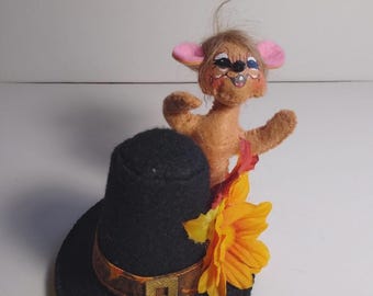 Annalee Small Mouse Figurine By Pilgrim Hat Thanksgiving Holiday Collectible 3"