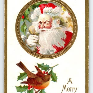 Vintage 1913 Weihnachtsmann & Vogel-frohe Weihnachten Postkarte geprägter Goldrand