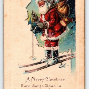 Weihnachtsmann auf Ski fahrende frohe Weihnachten Postkarte Vintage Greetings Ski Pole A Inc