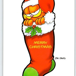 Garfield Deutsche Postkarte Weihnachten Nikolaus Hut Katze Innenstrumpf Jim Denims 1978