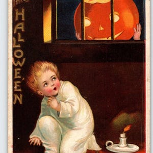 Ellen Clapsaddle Halloween Postkarte Geister Geschichten Buch Kerze JOL Germany 1910