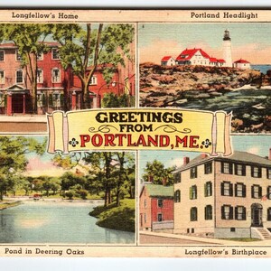 Carte postale en lin à quatre scènes et à vues multiples de Portland, Maine, années 1940
