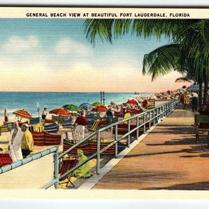 Carte postale de Fort Lauderdale Beach, Floride, lin, promenade, océan, milieu du siècle, inutilisé