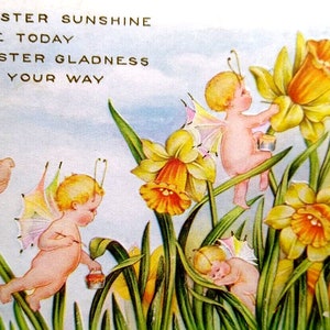 Easter Postcard Fairy Babies Fantasy Daffodils Flowers Whitney 1917 Embossed Unique Gift