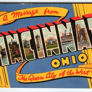 Salutations de Cincinnati, Ohio, grande lettre, carte postale en lin, vintage des années 1940, 1949