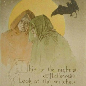 アンティーク ハロウィーン ポストカード ギブソン ゴシック ケープをまとった人々 ムーン バット オリジナル 1910 ユニークなギフト