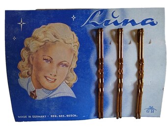 ルナブランドのボビーピン、ヘッダーカード付き、ブロンド美女、ドイツ製、1930年代オリジナル、ヴィンテージ