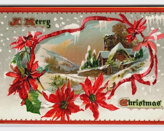 ヴィンテージ 1910 タックのクリスマスポストカード 冬の輝き ポインセチア 雪
