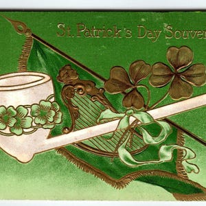 Carte postale de la Saint-Patrick, drapeau irlandais, trèfles durs, gaufrage Irlande