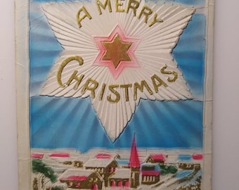 Vintage 1911 Thick Embossed Christmas Postcard with Star & Village Scene Antique