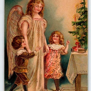 Goldbesatz Kleid Engel Tannenbaum Kinder Weihnachten Postkarte Deutschland Vintage