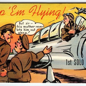 Carte postale militaire de l'armée américaine Keep Em Flying Avion des années 40 Linge de guerre WW2 Humour 1945