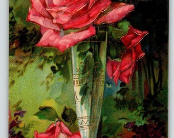 Birthday Flowers Postcard Embossed Pink Red Roses Bud Vase Germany Vintage 1460 Unique Gift