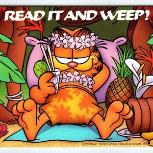 Carte postale Garfield Cat Tiki Drink Tropical tenue hawaïenne Jim Davis 1978 inutilisé