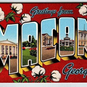 Carte postale de grande taille, grande lettre, Greetings From Macon, lin, coton, plante, cadeau unique