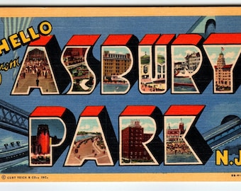 Vintage Hello Greetings from Asbury Park NJ Large Letter Linen Postcard CT