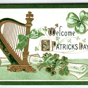Carte postale de la Saint-Patrick, médaille d'or des années 1910, or en relief, harpe, trèfle, Irlande