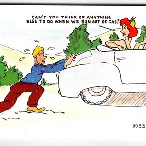 Auto aus Sprit Mann schiebt als Ehefrau klagt Comic-Postkarte Chrom-Edelauto