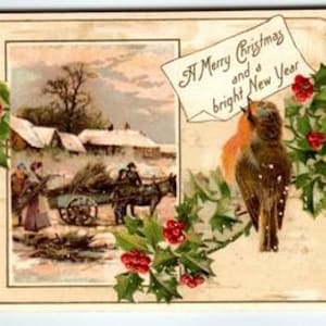 Vintage Antique 1900s Christmas Postcard Robin & Winter Scene Germany