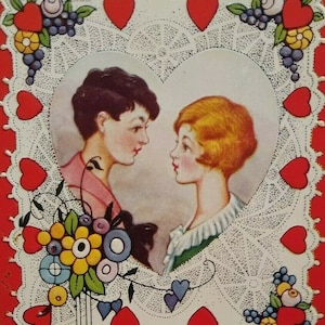Cadeau unique pour les amateurs de cartes postales de la Saint-Valentin à l'intérieur du coeur en relief, bordure de fruits fantaisie inutilisée