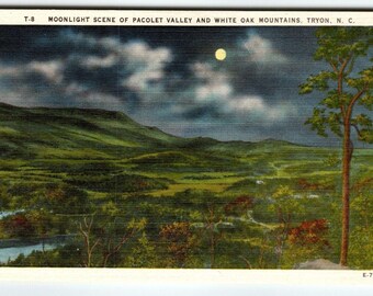 Moonlight Scene Pacolet Valley Tryon Wt Oak Mount North Carolina Linen Postcard