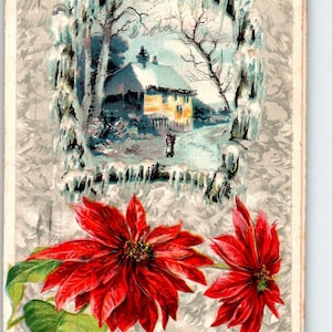 Christmas Postcard Joyful Country Cottage Icicles Snow 1912 Embossed Series 910 Unique Gift