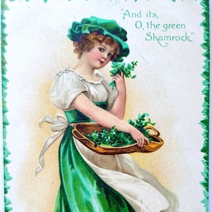 Carte postale de la Saint-Patrick Harpe Shamrock Girl Basket Ellen Clapsaddle Int Arts Cadeau unique