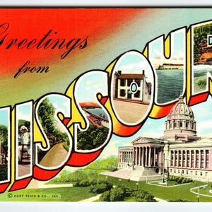 Carte postale vintage en lin, Salutations du Missouri, grandes lettres, State Capitol 3B378