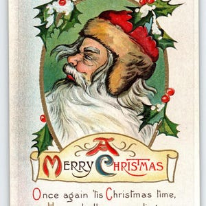 Vintage Weihnachtsmann Weihnachtspostkarte - Geprägte Holly & Gedicht - Original von 1912