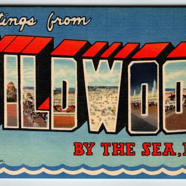 Greetings From Wildwood By The Sea New Jersey Linen Large Letter Postcard Beach Unique Gift